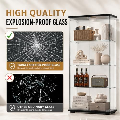 Glass Display Cabinet 4-Shelf 2 Doors with LED Push Light Lockable Glass Display Case with 4mm Tempered Glass Floor-Standing Bookshelf for Bedroom, Living Room, Black