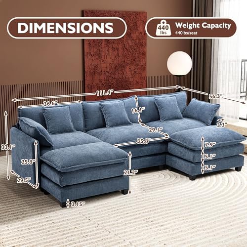 Ihanherry 111.4" U Shaped Modern Sofa Modular Sectional Cloud Couch with 2 Ottoman, 5-Seat Chenille Deep Seat Sofa with Pillow for Living Room, Bedroom and Apartment, Blue