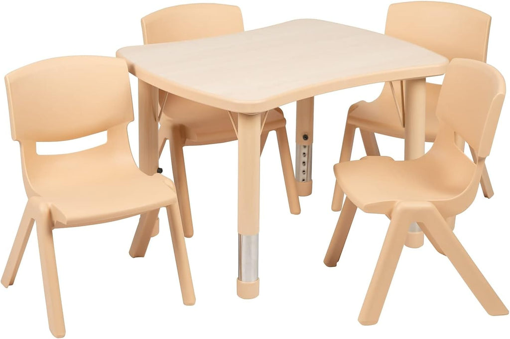 Flash Furniture 26.5x21.75 in Activity Table with 4 Chairs, Natural | Adjustable Height Table, Plastic, Durable Construction, Commercial Use