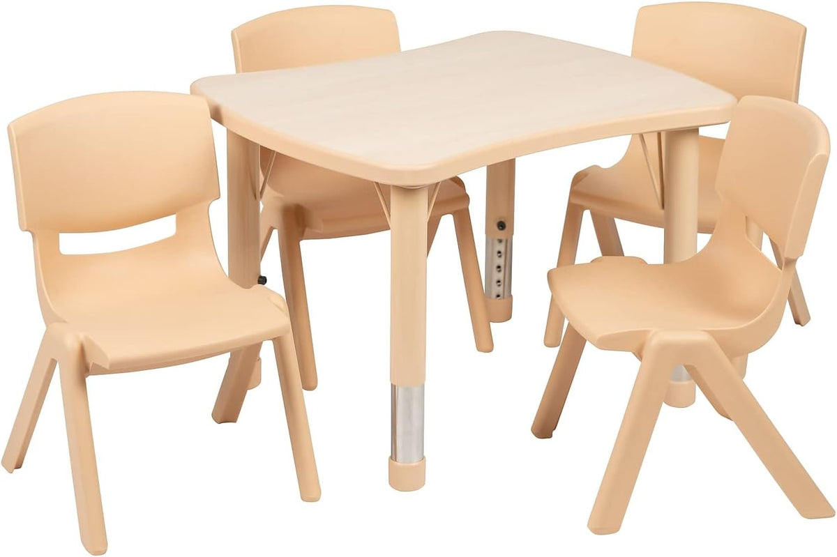 Flash Furniture 26.5x21.75 in Activity Table with 4 Chairs, Natural | Adjustable Height Table, Plastic, Durable Construction, Commercial Use