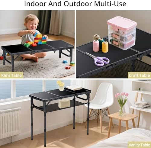 Anbte Folding Camping Table with Storage Net, 3ft Portable Table, 35" x 16" | Aluminum Folding Table, 3 Adjustable Height Max 27.5", Picnic Table For Indoor Outdoor Backyard Travel Tailgate, Pure Black