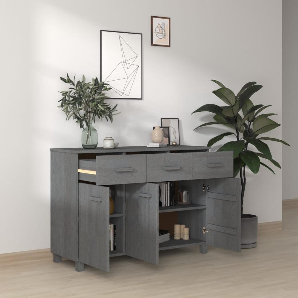 Dark Grey Solid Pine Wood Sideboard with 3 Drawers, MDF Medium Buffet Cabinet for Dining Room and Living Room Storage, Modern Traditional Design, Durable Furniture