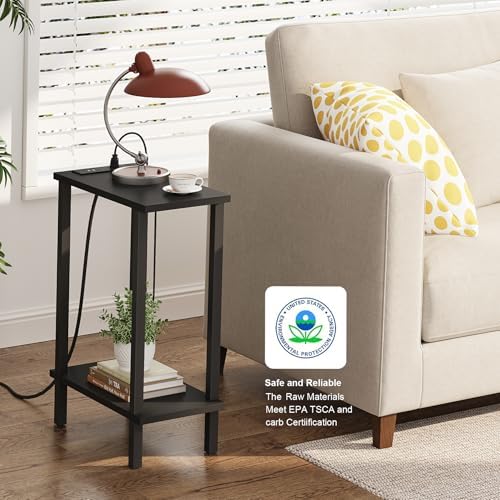 TUTOTAK Narrow Side Table, 2-Tier Small End Table with Charging Station | Skinny Sofa Table, Slim Nightstand, Easy Assembly for Living Room, Bedroom, Black TB01BK060