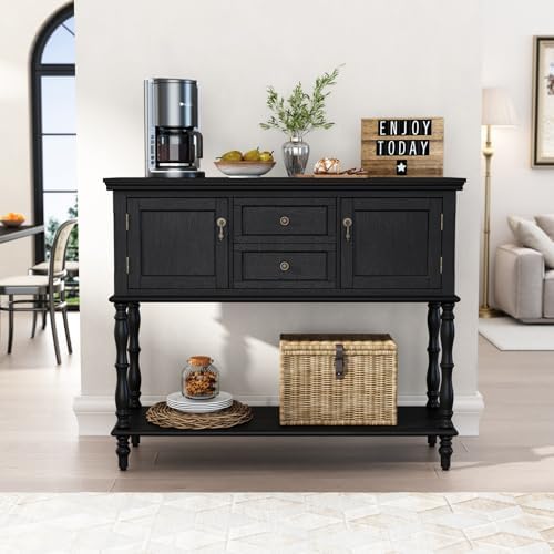 ARTPOWER Console Table with 2 Drawers, Retro Entryway Table with 2 Door | Solid Wood Veneer Entry Table, Behind Couch Sofa Table with Open Storage Shelf for Living Room, Foyer, Hallway