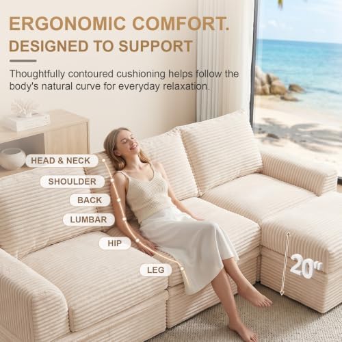 142" Upgraded Couch with Storage, Modular Sectional Couches for Living Room, Oversized Deep Seat 6-Seat U Shaped Cloud Sofa with Ottoman & Pillows,Corduroy,No Assembly(Beige)