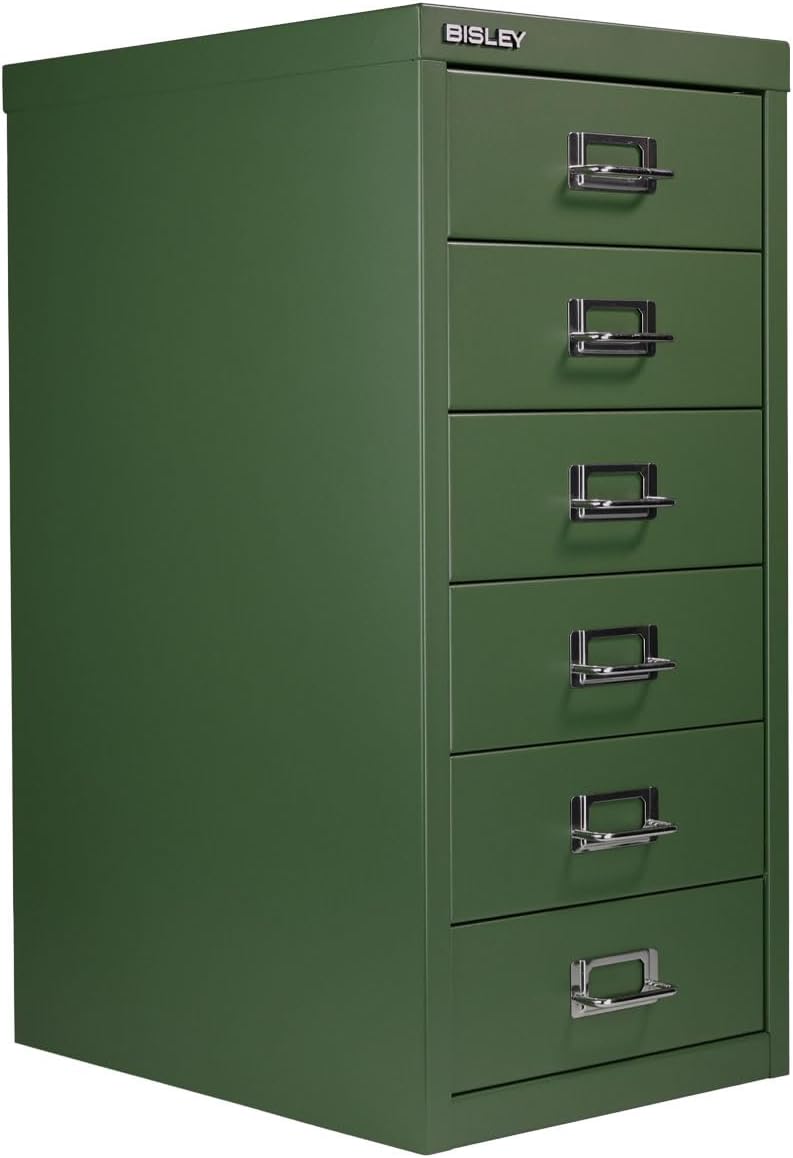 Bisley 6-Drawer Steel MultiDrawer Cabinet - Olive Green | Chrome Pull Handles with Label Holders, Powder-Coated Steel, Removable Drawers, Fits Under Most Desks, Labels Included