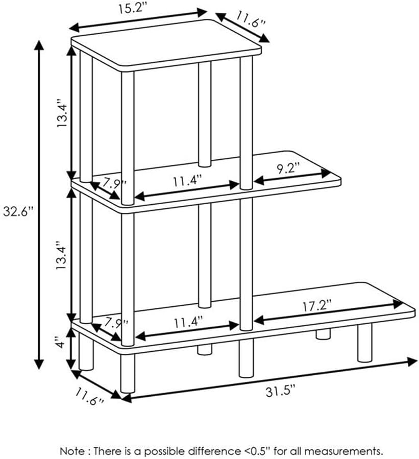 Pemberly Row Turn-N-Tube 3-Tier Engineered Wood Sofa Side Table, 32.64 in Tall, French Oak Gray Finish, Modern Design, Sturdy Storage Shelves, Rounded Corners, Living Room or Office Use