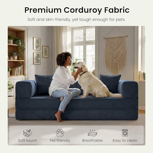 78.8" Convertible Futon Sofa Bed, Couch for Living Room | Corduroy Loveseat Sleeper Sofa, Modular Futon Couch with Storage Pocket, Pull Out Couch No Assembly | Royal Blue