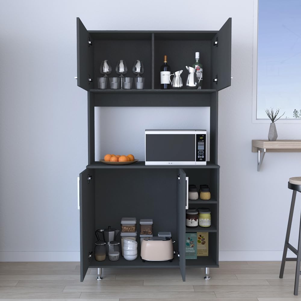 Pantry Cabinet Delaware Kitchen Black with Spacious Top Surface and Hutch | Spacious top surface for appliances and meal prep