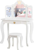Costzon Kids Vanity Table and Chair Set, Princess Makeup Dressing Table with Drawer & Tri-Folding Mirror, 2 in 1 Vanity Set with Detachable Top, Pretend Beauty Play Vanity Set for Girls (White)