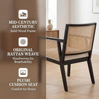 VESCASA Rattan Dining Chairs with Armrest, Padded Upholstered Linen Cream Cushion Dining Chairs with Wood Legs for Dining Room, Kitchen, Set of 4, Black Frame