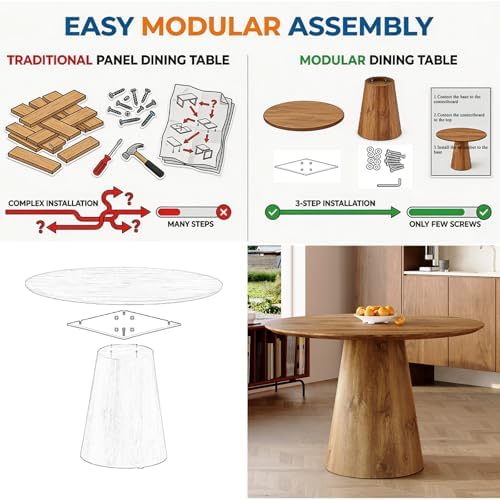 45" Round Dining Table, Round Pedestal Dining Table for 4 | One-Piece Round Tabletop, Wood Grain Finish, Stable Pedestal Base, Easy Assembly, for Kitchen Dining Room