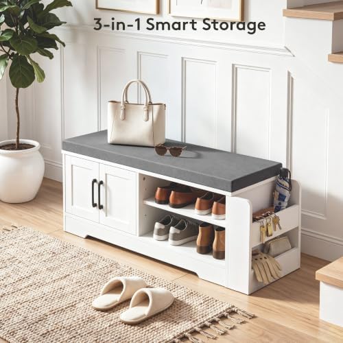 Farmhouse Shoe Storage Bench with 3-in-1 Entryway Storage & Padded Seat | 39.6" Wide Entryway Bench with Adjustable Shelves, Shoe Organizer & Side Storage Rack for Living Room, Bedroom, White