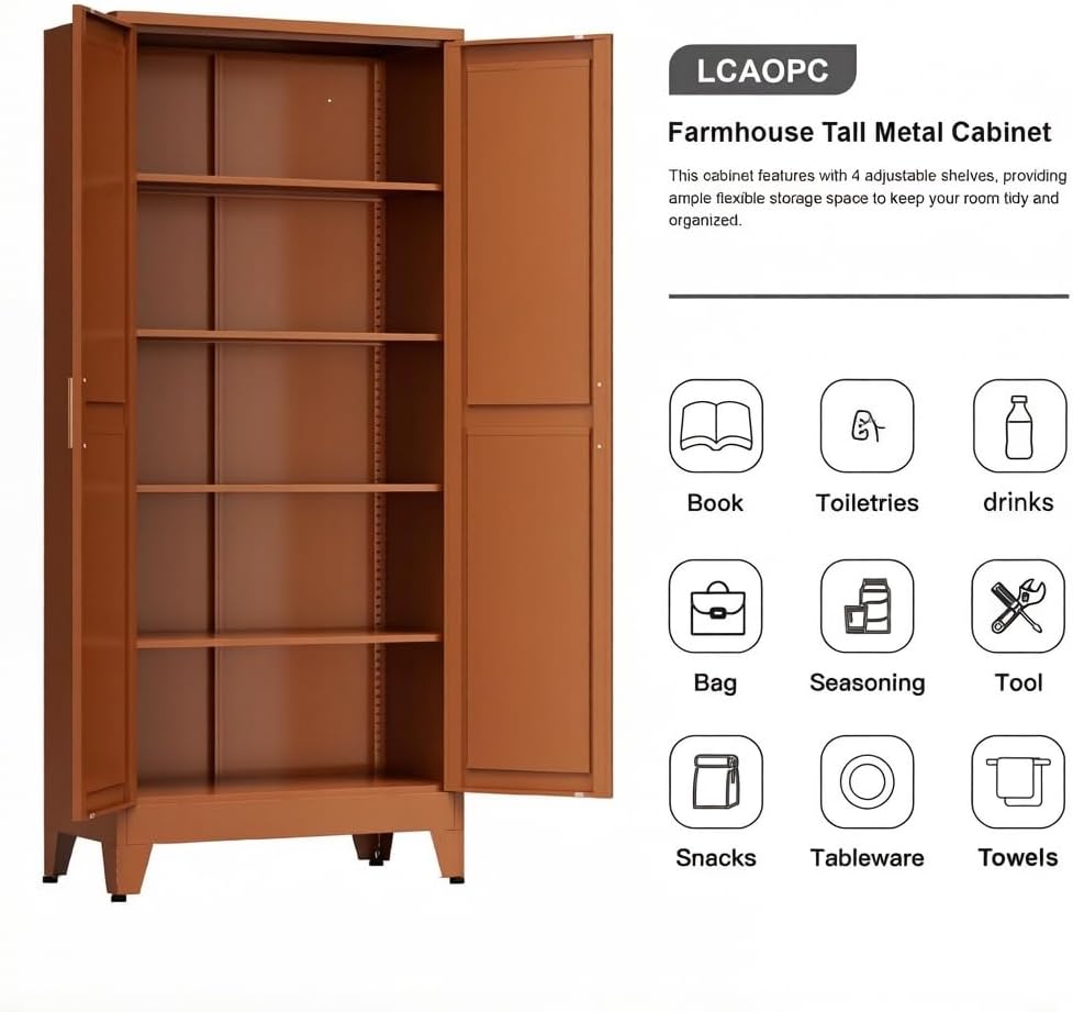 LCAOPC 71" Tall Metal Storage Cabinet with 2 Doors and 4 Adjustable Shelves, 5-Tier Kitchen Pantry Storage Cabinet for Kitchen, Living Room, Dining Room and Office, Brown