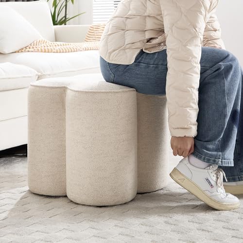Zesthouse Flower Pouf Ottomans Foot Rest Set of 2, Linen Poofy Ottomans | Large Ottoman Footstool for Couch, Modern Living Room Stool Seat, Cute Square Vanity Stool for Bedroom, Beige Dorm Foot Stool