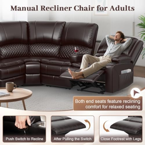 Upgraded 5 Seater Reclining Sofa Set, Modern Living Room Couch (Pu,Brown) | Home Theater Seating with Removable Console, Recliner Sectional Couch with Storage, Reclining Sectional Couch Set with USB