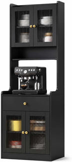 71" Kitchen Pantry Hutch Storage Cabinet with Microwave Stand, Farmhouse Freestanding Buffet Sideboard with Coffee Bar, Tall Wood Cupboard for Kitchen Dining Room (Black)
