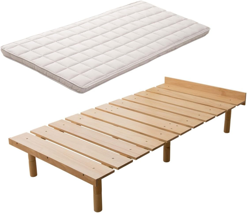 EMOOR Japanese Futon Mattress & Wood Slatted Bed Set Machi-OSMOS Twin (Earth-Natural), Solid Pine 3-Heights Adjustable Easy-Assemble Japanese Sleeping Bed Tatami Mat