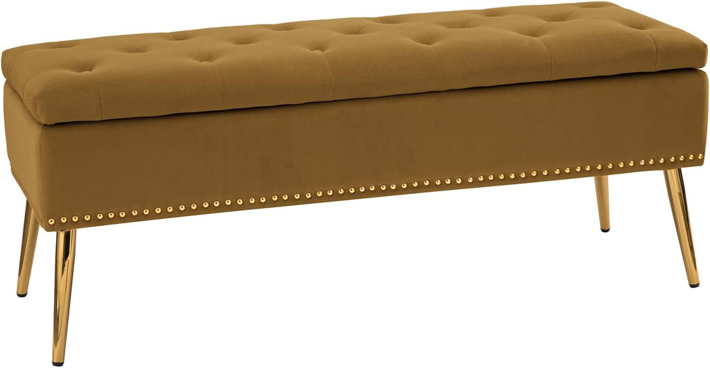HULALA HOME Modern Velvet Storage Ottoman Bench with Gold Base & Nailhead Trim, Upholstered Bedroom Bench for End of Bed, Button-Tufted Footstool for Entryway Living Room Dining Room, Golden