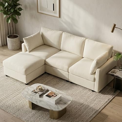 Iroomy Sectional Cloud Couch for Living Room, Spring Cushion Seating, L Shaped Convertible Modular Sofa with Ottoman, Beige
