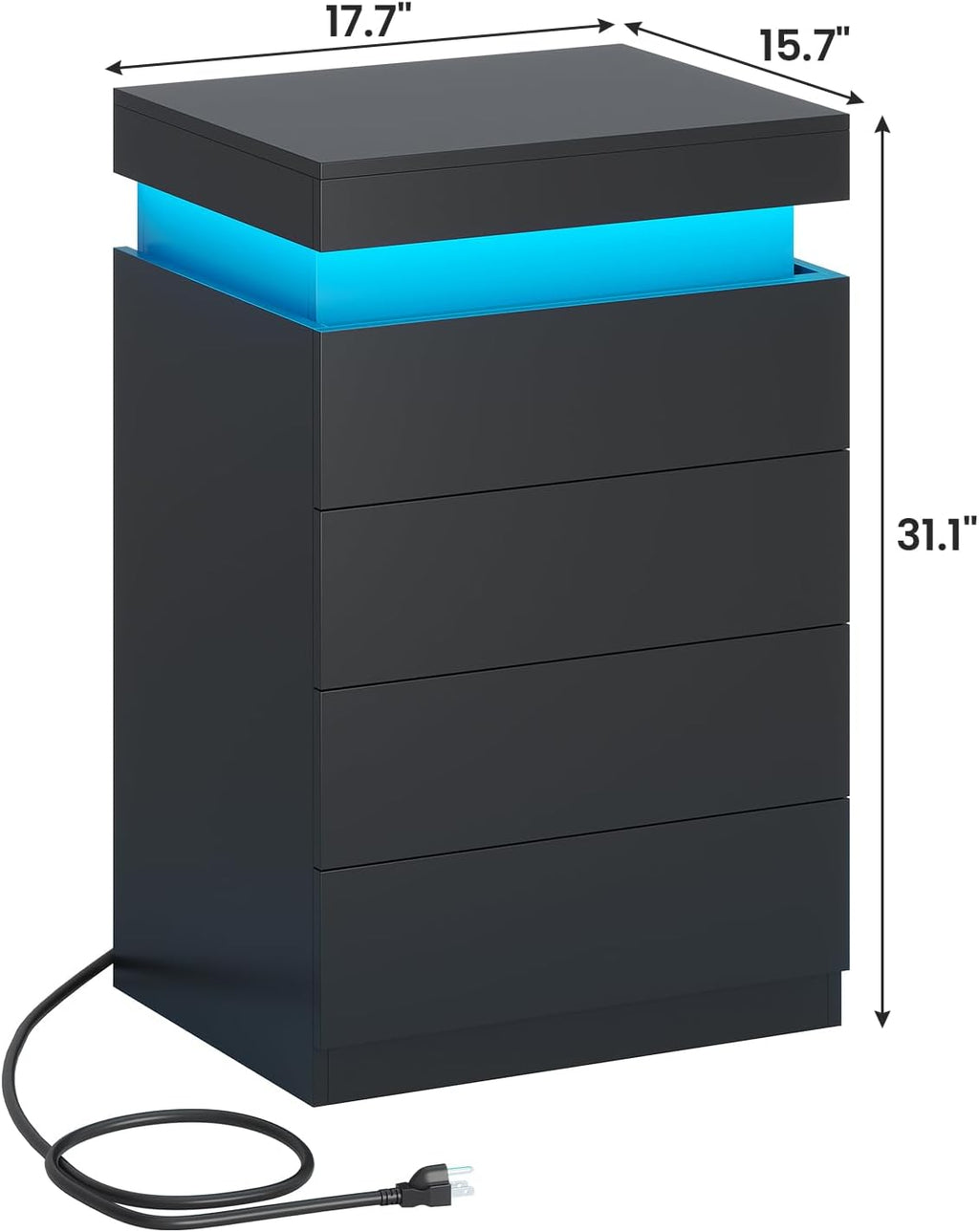 ADORNEVE Black Night Stand with Drawers and LED Lights | Bedside Table with Charging Station,Large Nightstand with Sliding Top,Modern End Side Table for Bedroom