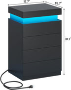 ADORNEVE Black Night Stand with Drawers and LED Lights | Bedside Table with Charging Station,Large Nightstand with Sliding Top,Modern End Side Table for Bedroom