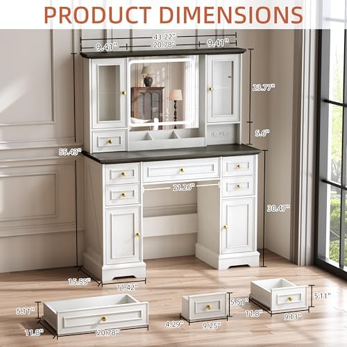 Vanity Desk with Mirror & Lights, Makeup Vanity with Power Outlet & USB Ports, Farmhouse Dressing Table, 6 Drawers & 4 Storage Cabinets, RGB Cabinet Lighting, 3-Color Dimmable Mirror