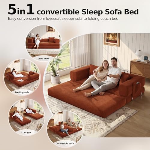 MoonSpeak 78.8'' Futon Sofa Bed, Couches for Living Room | Corduroy Convertible Futon Sofa Bed with Storage Pocket, Modular Sleeper Couch in a Box, No Assembly (Rust Red)