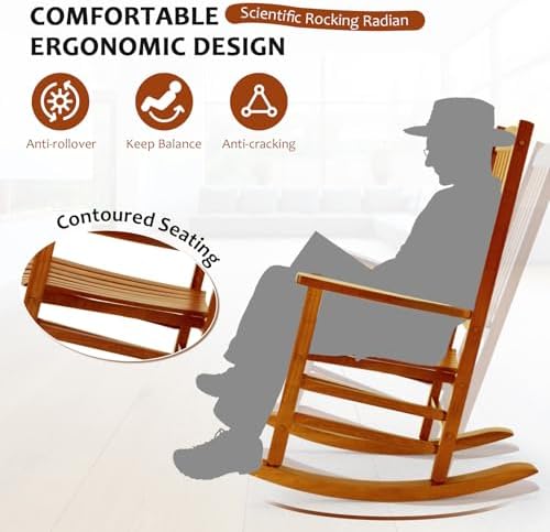 Hupmad Wooden Oversized Porch Rocker Chair with High Back and Armrest, All Weather Slatted Rocker for Backyard, Garden, 400 lbs Support, Natural