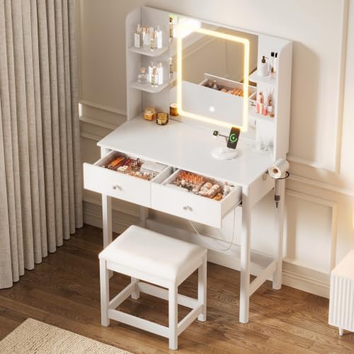 Vanity Desk with LED Mirror, 3 Lighting Modes and Chair | Small Makeup Vanity Table Set with Drawers, Dressing Table with Power Outlet for Girls Bedroom, White