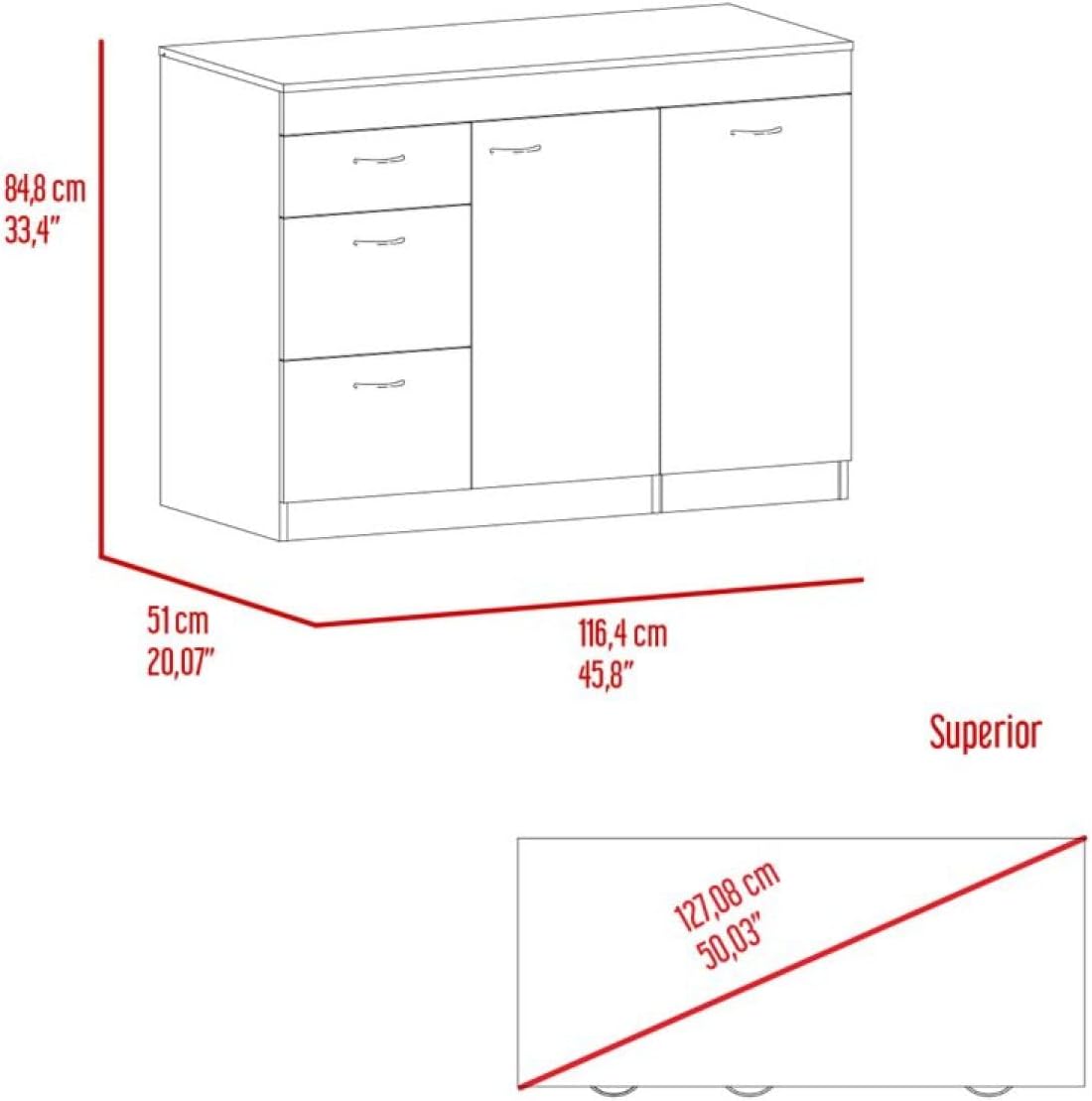 Grecia Kitchen Base Cabinet, 3 Drawers, 2 Shelves - White/Dark Walnut