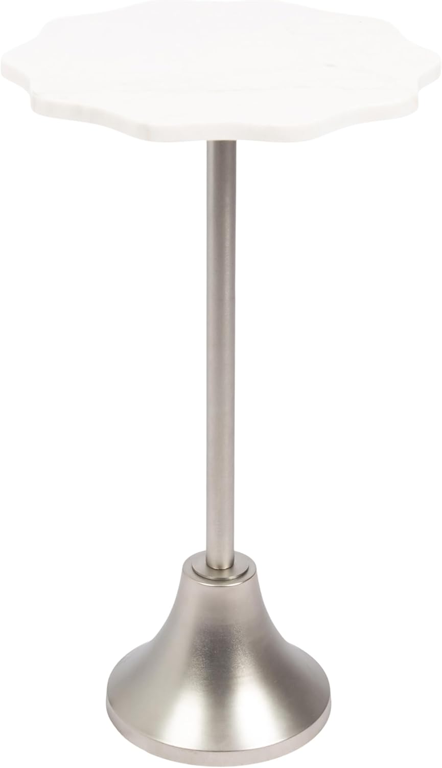 Kate and Laurel Sanzo Modern Pedestal Round Side Table, 14 x 14 x 24, White Marble and Silver, Decorative Circle End Table with Scalloped Marble Tabletop for Indoor Plant Stand or Bedroom Nightstand