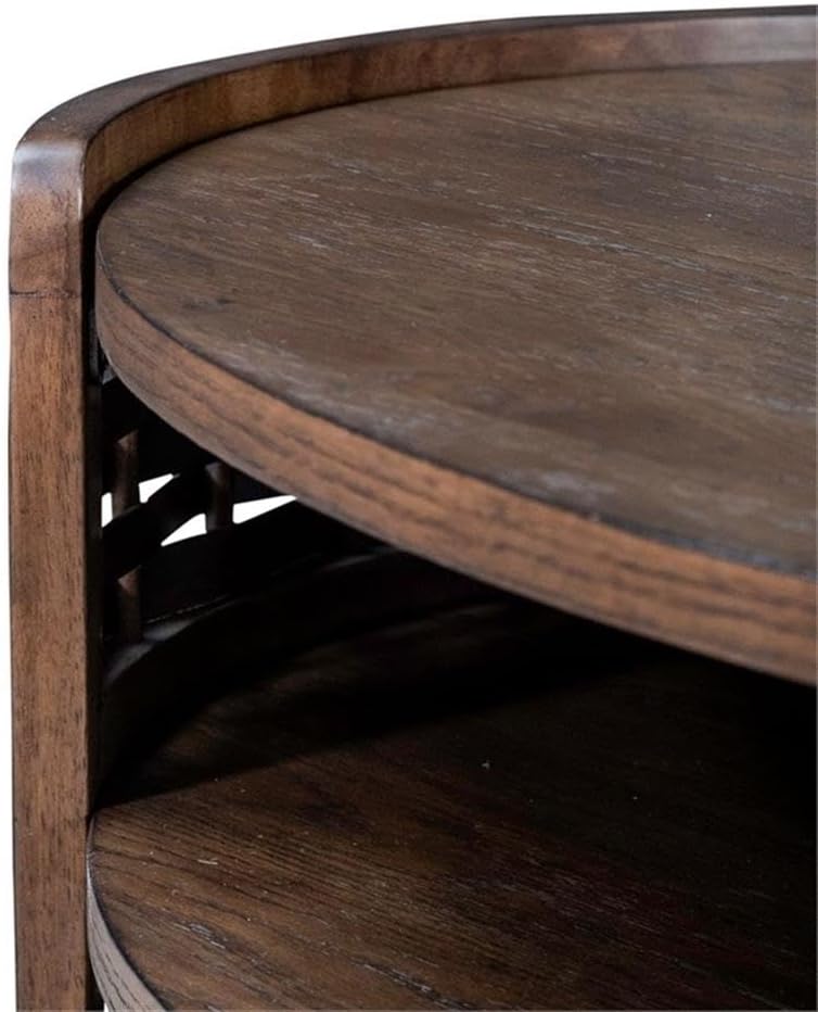 Pemberly Row 3 Piece Living Room Table Set, Rubberwood and Oak Veneer, Coffee Brown Finish, Includes Oval Cocktail Table with Casters and 2 Round End Tables, Basketweave Design, Shelves, Contemporary