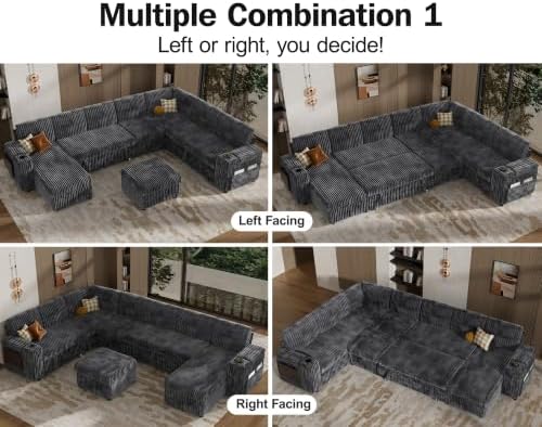 Vipbear 130" Modular Sectional Sleeper Sofa with Pull Out Bed, 9 Seat Corduroy L Shaped Couch with Ottoman and Chaise|USB Ports|Cup Holders|Side Table, Tool Free Assembly, Grey