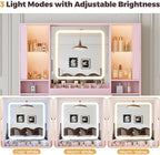 BORNOON Vanity Desk with Mirror and Lights, Makeup Vanity with 7 Drawers, 2 Glass Door Cabinets, Charging Station, Adjustable Shelves, RGB Lighting, Holder