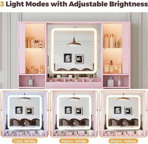 BORNOON Vanity Desk with Mirror and Lights, Makeup Vanity with 7 Drawers, 2 Glass Door Cabinets, Charging Station, Adjustable Shelves, RGB Lighting, Holder