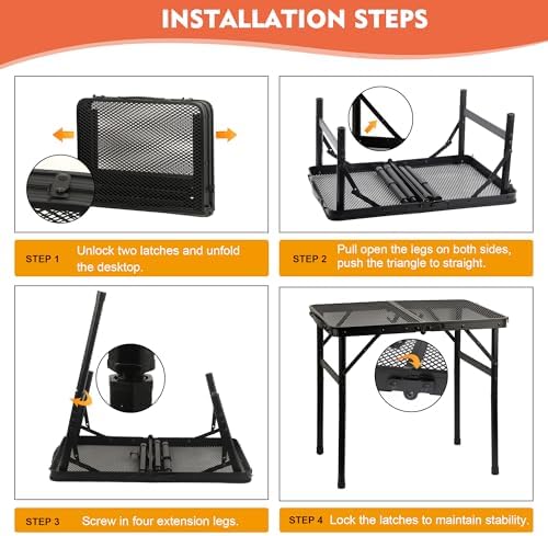 GREGIN Folding Camping Grill Table, Outdoor Metal Table. Foldable, Portable | Lightweight, Height Adjustable Camp Table with Mesh Desktop for Grilling, Cooking, BBQ, Griddle, Patio, Picnic-4 ft Black