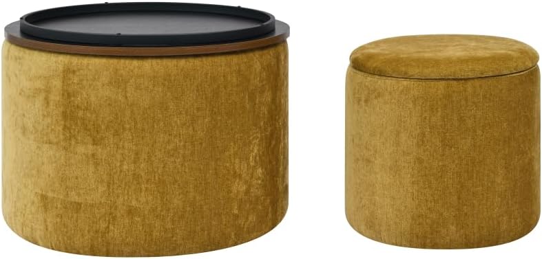 2-Piece Set Round Chenille Storage Ottoman, Equipped with a Drum Shaped Small Stool (style3)