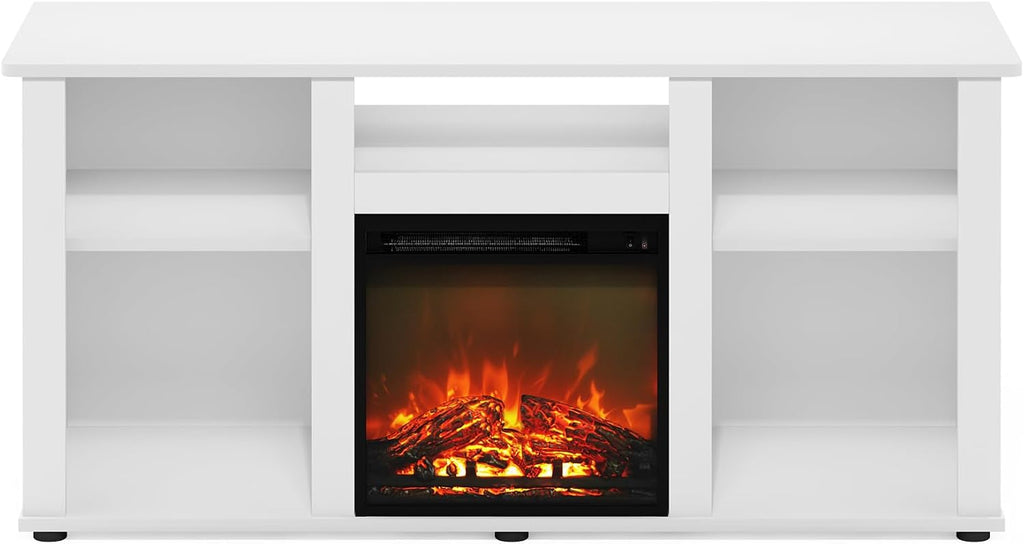 Furinno Jensen Fireplace TV Stand, Entertainment Center, TV Console for TV up to 55 Inch with Fireplace and Open Storage Compartment, for Living Room, Bedroom, Solid White
