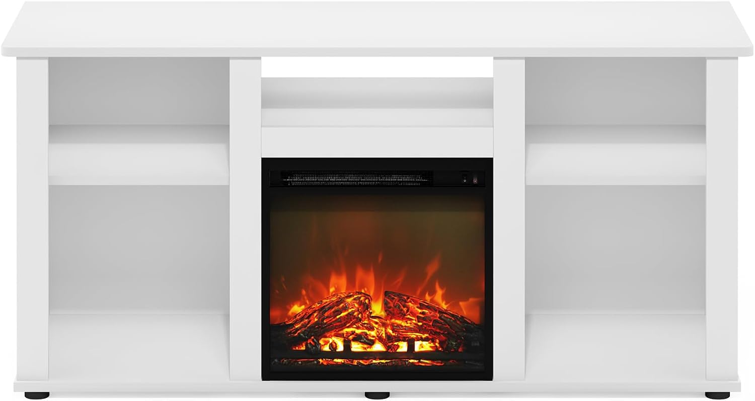 Furinno Jensen Fireplace TV Stand, Entertainment Center, TV Console for TV up to 55 Inch with Fireplace and Open Storage Compartment, for Living Room, Bedroom, Solid White