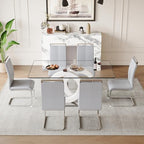 gopop Dining Table Set for 6, 7-Piece Glass Table with 6 PU Leather Chairs | 63" Rectangular Tempered Glass Table, Modern White and Sliver Base, High-Back Chairs for Dining Room and Kitchen