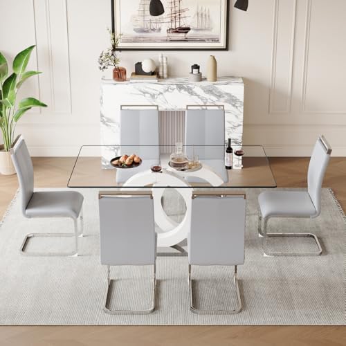 gopop Dining Table Set for 6, 7-Piece Glass Table with 6 PU Leather Chairs | 63" Rectangular Tempered Glass Table, Modern White and Sliver Base, High-Back Chairs for Dining Room and Kitchen