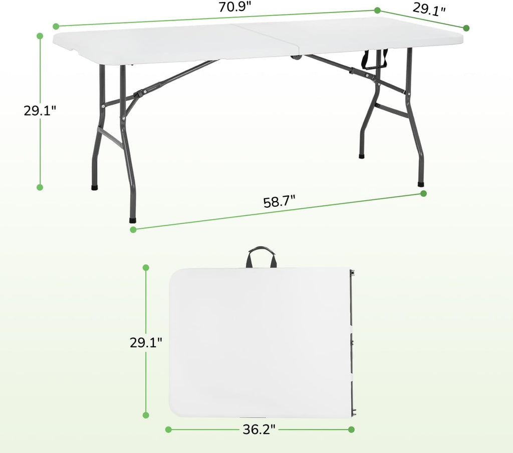 PayLessHere | 6FT Folding Table | Portable Plastic Table with Carry Handle | Waterproof & Foldable Table Design | Steel Frame with Lock | White | for Events, Camping, Indoor & Outdoor Use