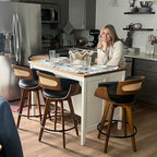 Rattan Swivel Counter Stools, Mid Century Modern Counter Stools with Back | Natural Bentwood Frame, Walnut Crafts, Curved Arms, Faux Leather Upholstered Seat, Swivel Counter Stools for Island, Kitchen