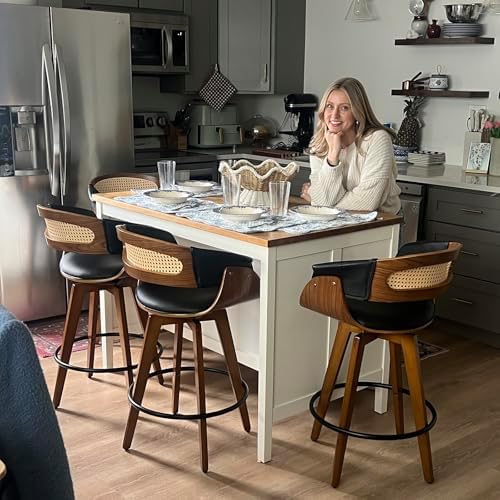 Rattan Swivel Counter Stools, Mid Century Modern Counter Stools with Back | Natural Bentwood Frame, Walnut Crafts, Curved Arms, Faux Leather Upholstered Seat, Swivel Counter Stools for Island, Kitchen