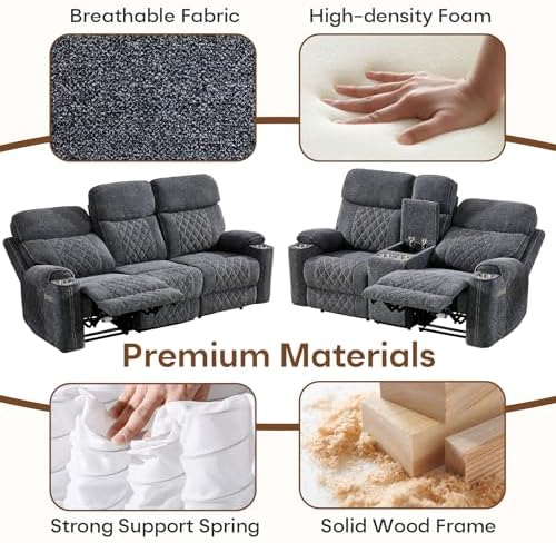 HAOMARKETS 3-Piece Power Recliner Sofa Set with Charging Port, Include Single Recliner Chair, 2-Seater Loveseat Reclining Couch and 3-Seater Reclining Sofa with Cup Holders for Living Room, Dark Grey