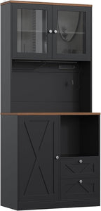 71" Tall Coffee Bar Cabinet with Storage Hutch, Farmhouse Kitchen Pantry Cabinet with LED Lights Microwave Stand and Glass Holder for Home Dining Room Kitchen (Black)
