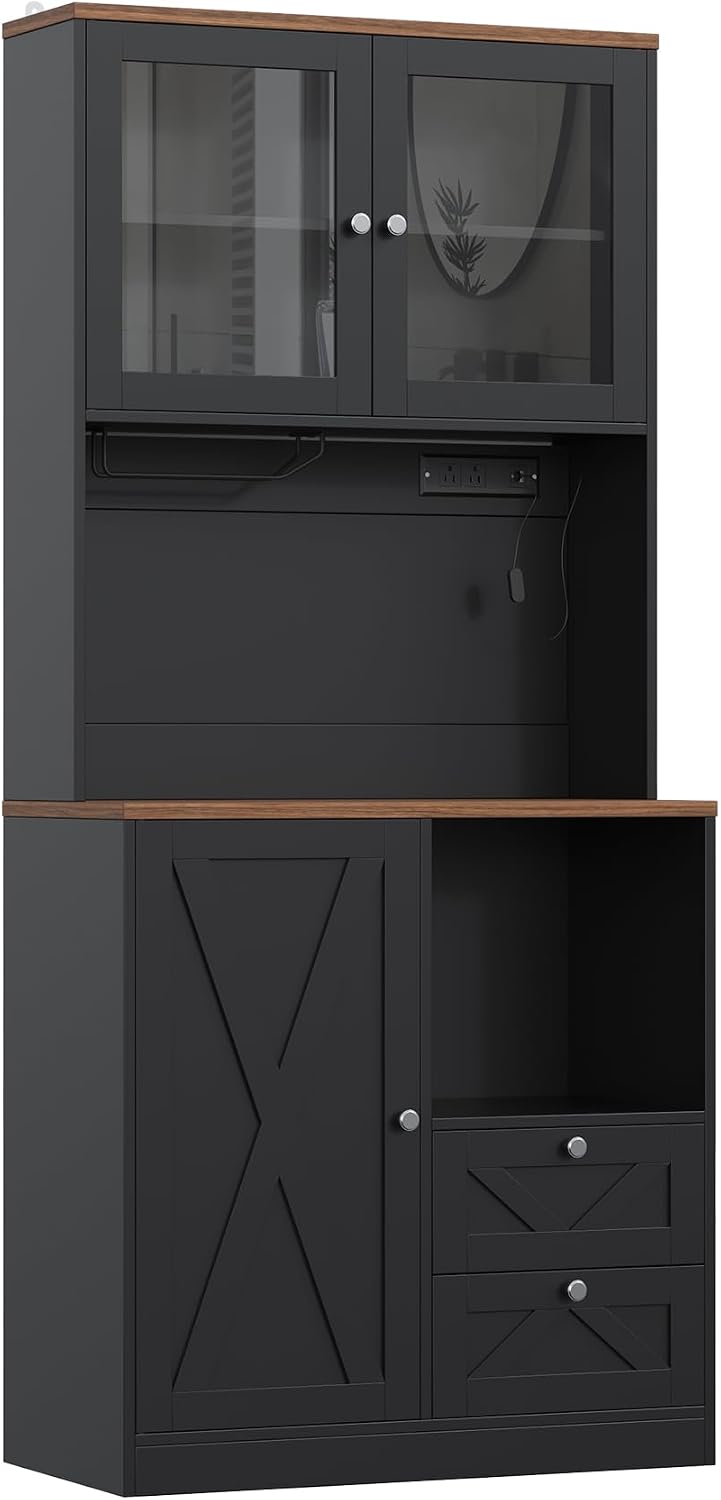 71" Tall Coffee Bar Cabinet with Storage Hutch, Farmhouse Kitchen Pantry Cabinet with LED Lights Microwave Stand and Glass Holder for Home Dining Room Kitchen (Black)