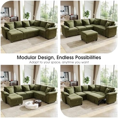 107.8" Modular Sectional Sleeper Sofa with Pull Out Bed, U Shaped 7 Seat Couch with 221L Storage, Convertible Cloud Couch Bed with Ottoman, Sectional Couches for Living Room, Apartment (Green)