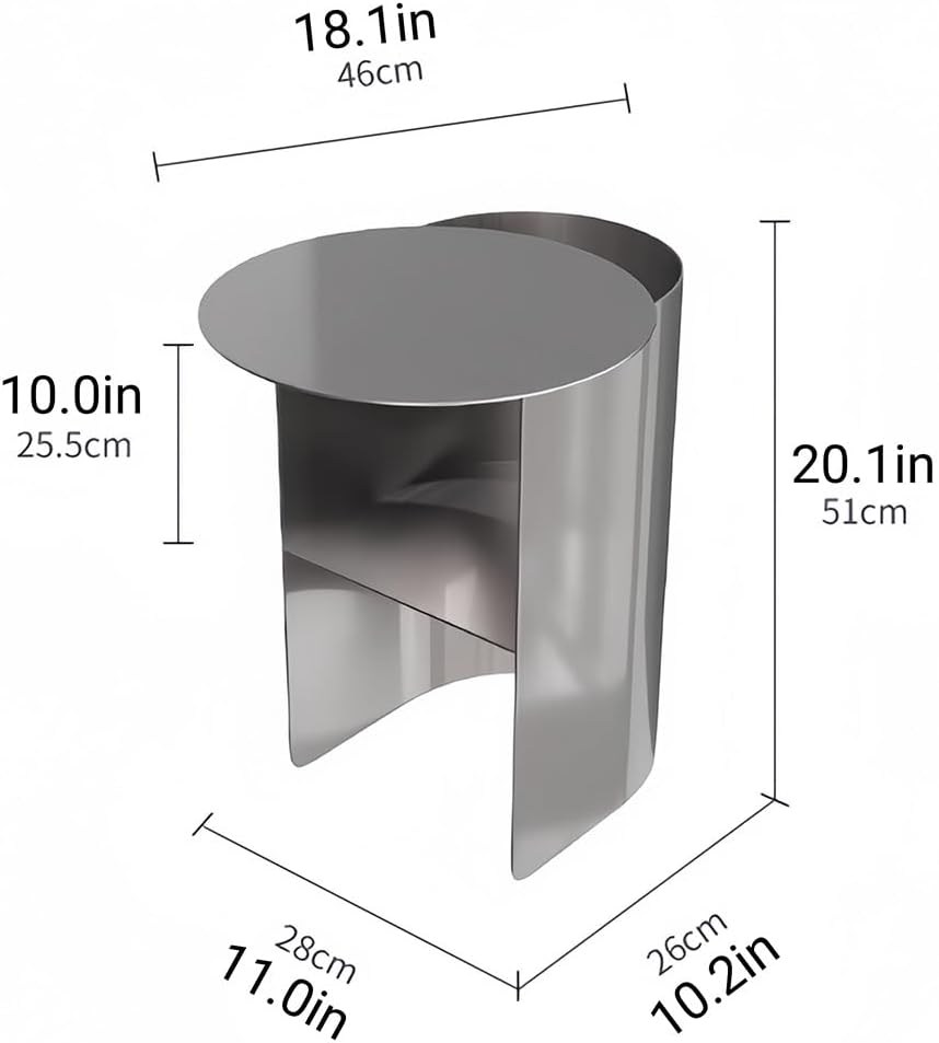 Stainless Steel Round Side Table Metal Coffee Table with Open Storage, Ideal for Bedroom, Living Room, Office, Guest Room, and Study, Silver, 18.1 x 11.0 x 20.1 inches